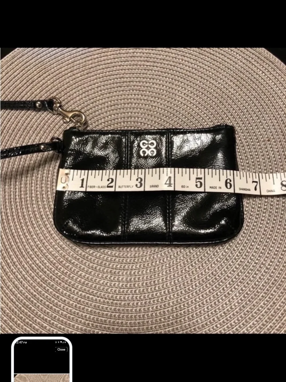 Black Patent Leather Wristlet with Gold Logo And Pink Interior